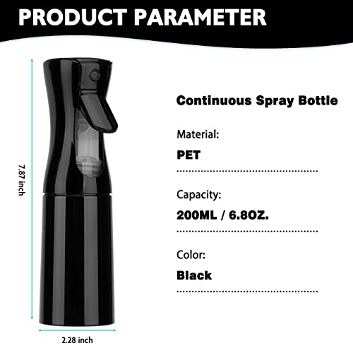 Spray Bottle for Hair (6.8OZ /200ML) Continuous Ultra Fine Mist Sprayer for Hair, Salons, Barber, Plants, Skin Care, Cleaning 1 Pack BLACK
