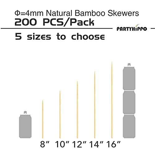 Party Hippo 8 Inch Natural Bamboo Skewers - 200 Pack BBQ Sticks