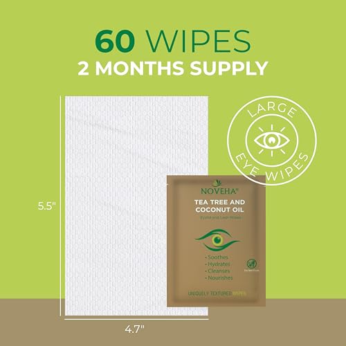 NOVEHA 60PCs Tea Tree & Coconut Oil Eyelid & Lash Wipes - For Demodex, Blepharitis & Itchy Eyes, Individually Wrapped Eyelash Wipes With Aloe Vera, Natural Makeup Remover & Daily Eye Cleanser