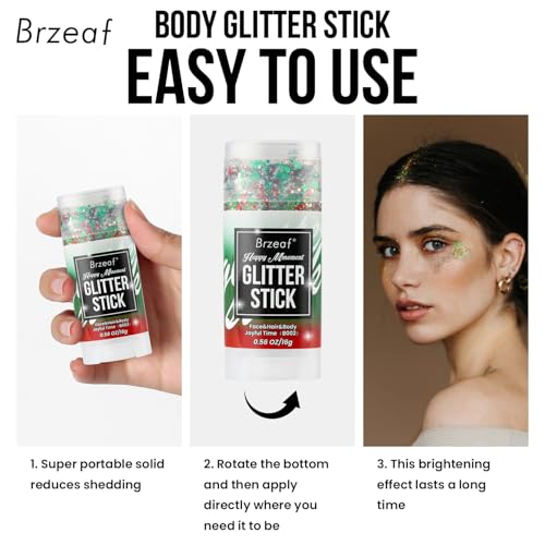 Brzeaf Body and Face Glitter, Body Glitter Stick, Soccer World Cup Rave Accessories, Shimmery& Long Lasting, Hair Eyeshadow Face Body Glitter, Singer Concert Rave Festival