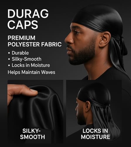 DURALA 3PCS Satin Durags with Double Sided Brush for Men Waves - Blue, White, Black