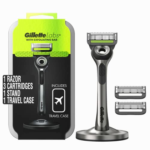 Gillette Labs Shaving Kit for Men, Storage on the Go, Includes Travel Case, 1 Handle, 3 Razor Blade Refills, and Premium Magnetic Stand