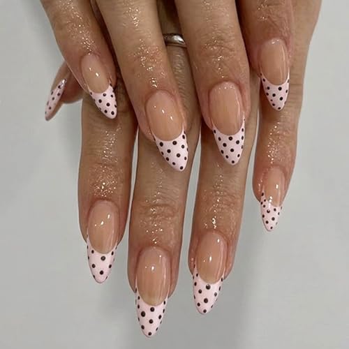 Nude Pink French Tip Polka Dot Press-On Nails - Medium Almond