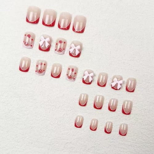 Short Square Press-On Nails with 3D Bow Strawberry Design - 24 Pcs