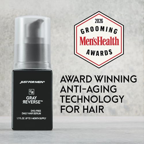 Just for Men Gray Reverse Daily Hair Serum, Gradually Reduces Gray Hair, Easy Dye-Free Serum, Travel Friendly, 1.7oz