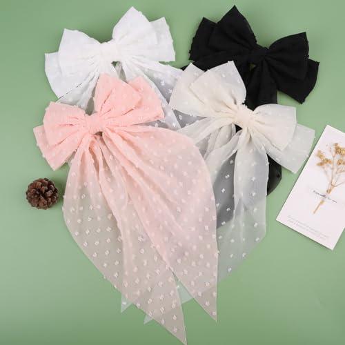 MRJ 4Pcs Big Chiffon Hair Bows for Women & Girls - Black, White, Beige, Light Pink