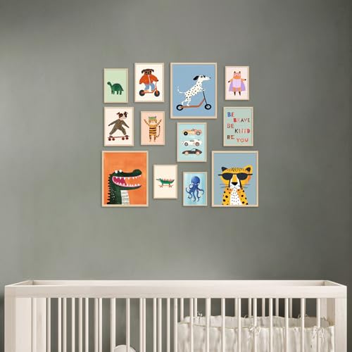 Cartoon Animal & Vehicle Canvas Wall Art - 12Pcs Nursery Decor