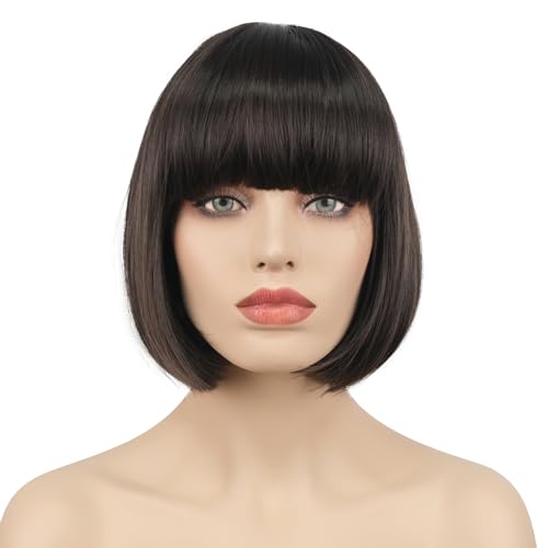 Lydell 8" Short Bob Wig with Flat Bangs - Heat Resistant Synthetic Hair