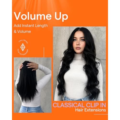 Full Shine Black Clip in Hair Extensions 24 Inch Remy Hair Extensions Clip ins Human Hair Jet Black Natural Hair Clip in Extensions for Long Hair 7 Pieces 120g