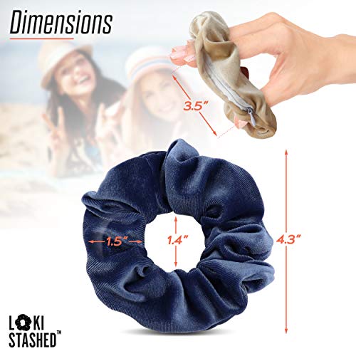 3-Pack Velvet Hair Tie Scrunchies with Hidden Zipper Pocket - Navy, Tan, Black