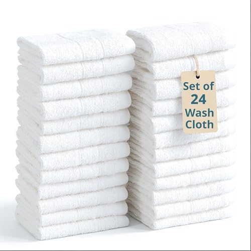 Casa Platino 24 Pack White Cotton Washcloths 13x13 Inches, Soft & Absorbent