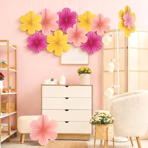 Easy Joy Pink Paper Flowers Wall Decorations - Set of 9 Fans