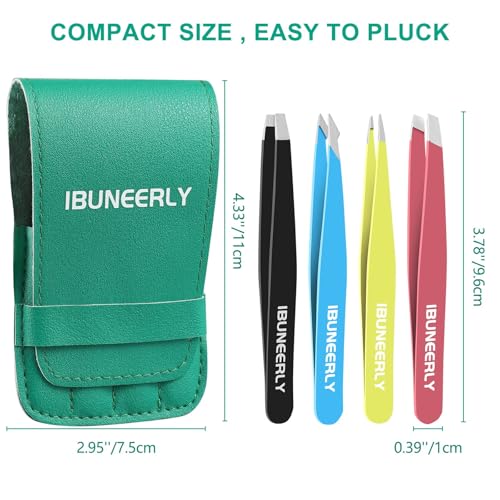 iBuneerly Eyebrow Tweezers Set - 4 Multi-Color Stainless Steel Tweezers with Travel Case