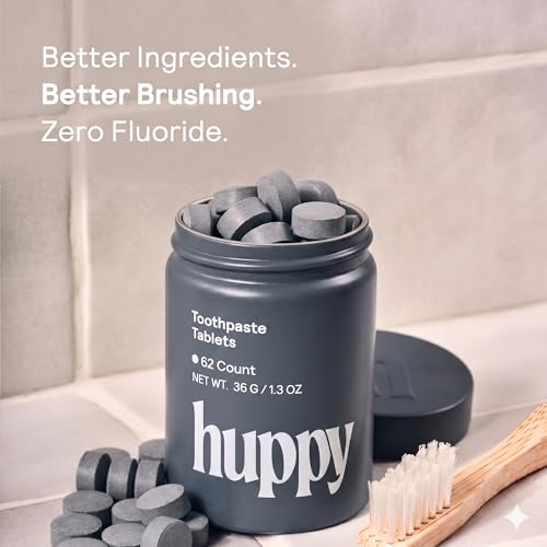 Huppy Toothpaste Tablets with Refillable Tin - Fluoride-Free, Charcoal Mint, 62 Count