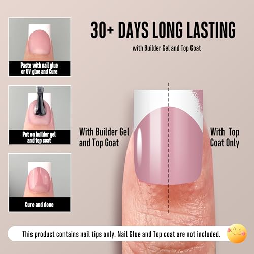 MUTIOVO Short Straight Square Nail Tips - White French Tip Berry Pink, 150 pcs