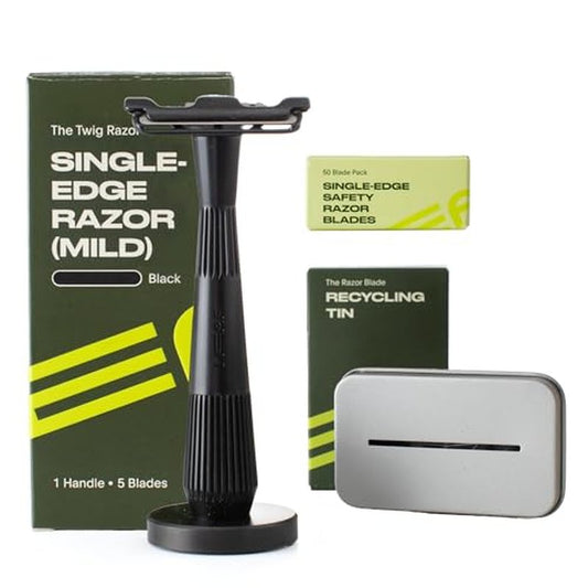 Leaf Shave | Leaf Twig Razor Set, Includes Twig Razor, Matching Stand, 50-Pack Single-Edge Blade Refills, and Blade Bank - Black