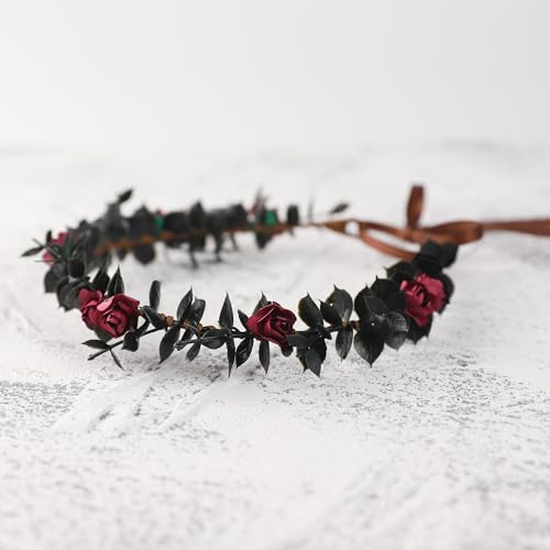 Black Rose Flower Crown for Women - Handmade Renaissance Headband