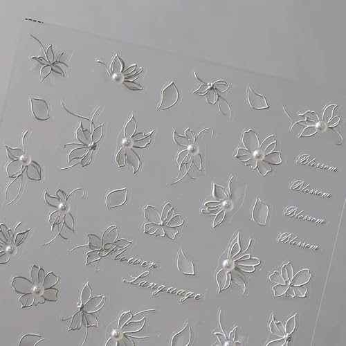 OHWODA Style2 White Flower Holographic 5D Embossed Nail Stickers with Pearls