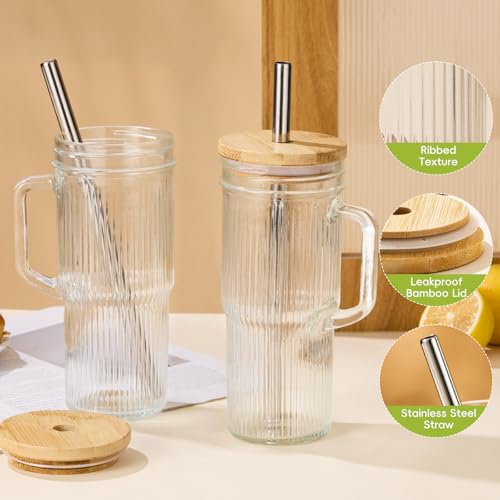JunVpic 24 oz Glass Tumbler with Bamboo Lid & Handle - Iced Coffee, Smoothies, Tea