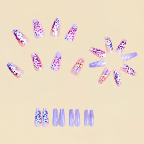 Coffin Press On Nails Medium with Flower Lines – YOJIATOP Floral Pink 24Pcs (Variation: Flower Lines Floral)