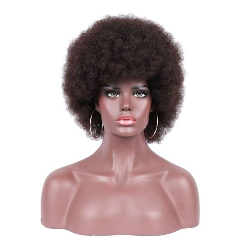 Short Kinky Curly Afro Wig with Bangs - Brown Synthetic 70s Disco Hair