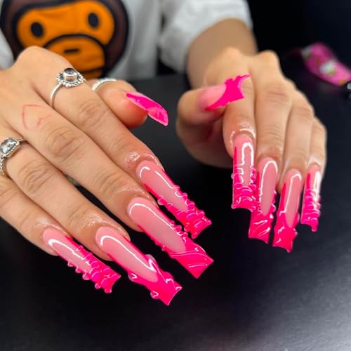 RUOKEXIN Long Press on Nails C7C27 French Tip Fake Nails Red Sparkly 3D Designs, Square, 24Pcs