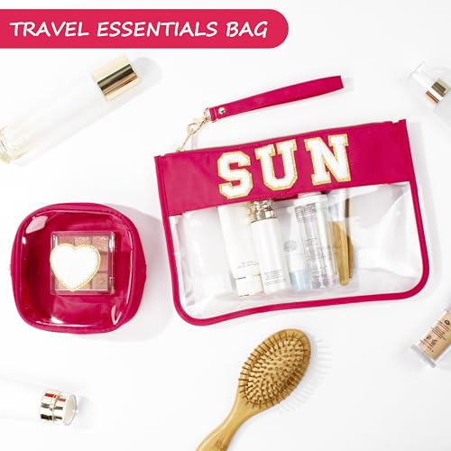 BuyCard SUN Red Transparent Travel Makeup Pouch Set for Beach Vacation