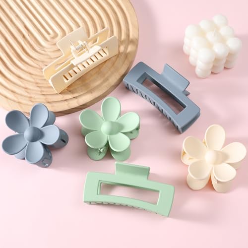 Large Claw Hair Clips for Thick Hair - Non-Slip Square & Flower Styles, Matte Green & Blue (6 Pack)