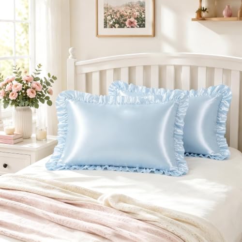 SiinvdaBZX Baby Blue Ruffled Satin Pillowcase Set of 2 | 20x26 Inch