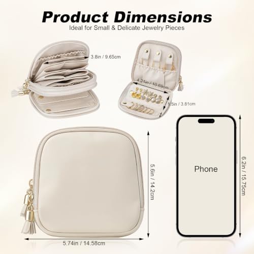 Travel Jewelry Case - 2-Layer Organizer for Rings, Earrings & Necklaces - Cream White