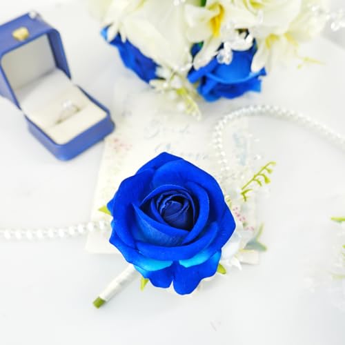 Royal Blue Silk Rose Boutonniere for Men - Wedding & Prom