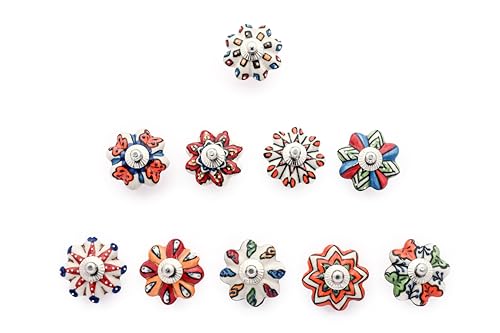 Set of 10 Vintage Ceramic Cabinet Knobs with Chrome Hardware