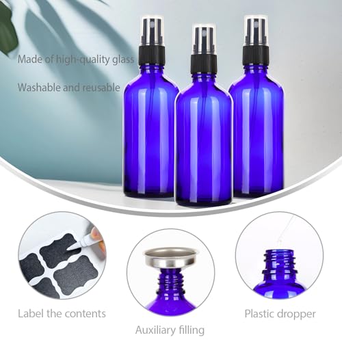 ALIFEIA 3.4 oz Blue Glass Spray Bottles 3-Pack - Refillable Travel Dispenser for Essential Oils & Cosmetics