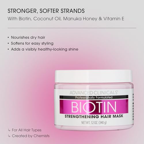 Advanced Clinicals Biotin Hair Treatment Anti-Breakage Mask 12 Fl Oz - Strengthening & Hydrating Deep Conditioner with Manuka Honey & Caffeine