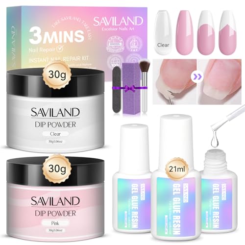 SAVILAND Clear + Pink Nail Repair Kit with 21ml Nail Glue for Split Nails, 60g