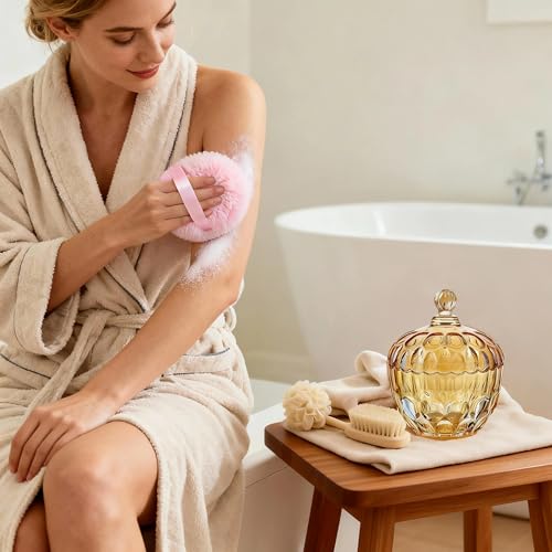 KANPURA 6-Inch Oversize Body Powder Puff with Elegant Amber Glass Container