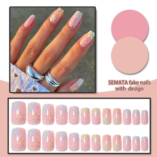 Pink Flower Press-On Nails | Short Square Acrylic Fake Nails - 24 Pcs