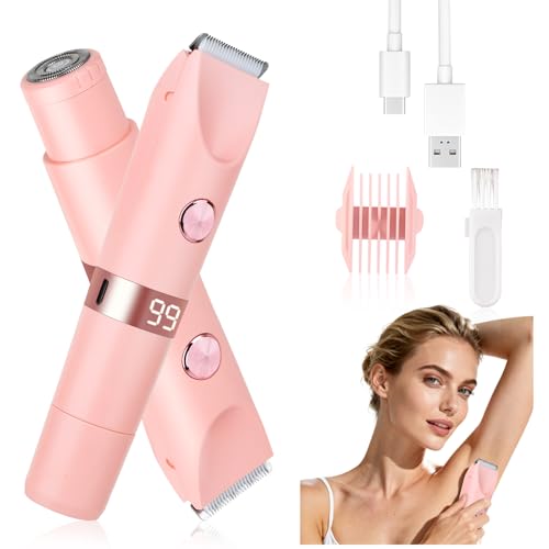 2-in-1 Electric Shaver & Bikini Trimmer with LED Display for Women & Men£¬IPX7 Waterproof Wet/Dry Electric Razor with Dual Head, Rechargeable Painless Body & Facial Hair Remover (Pink)
