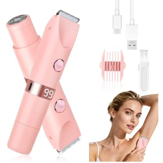 2-in-1 Electric Shaver & Bikini Trimmer with LED Display for Women & Men£¬IPX7 Waterproof Wet/Dry Electric Razor with Dual Head, Rechargeable Painless Body & Facial Hair Remover (Pink)