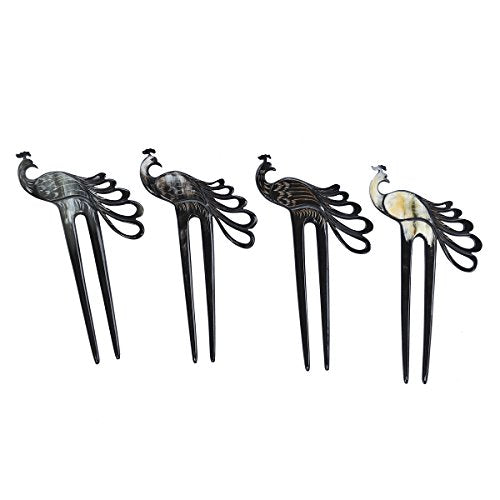Marycrafts Peacock Buffalo Horn Hair Fork - Handmade Artisan Hair Stick