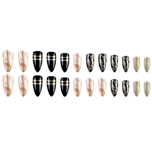 Medium Almond Press On Nails with Gold Foil - 24Pcs