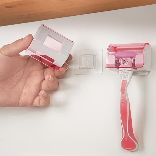 LUEXBOX 2 Pack Razor Holder with Cover for Shower Wall, Self Adhesive Razor Stand Shaver Organizer, Plastic Razor Hanger Hooks Compatible with Gillette Venus, Flamingo, BIC, Billie (Clear Pink)