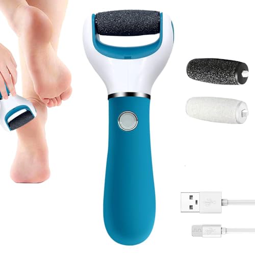 BOMPOW Electric Foot Callus Remover Blue Rechargeable Pedicure Tool with 2 Roller Heads