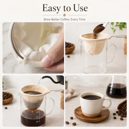 CALIDAKA Reusable Flannel Coffee Filters with Stainless Steel Handle - 4 Pack