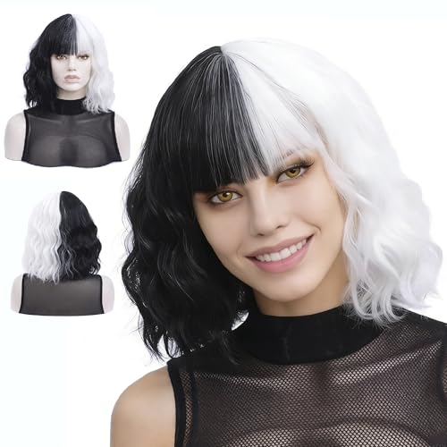 MORTICIA White and Black Short Curly Bob Wig with Bangs