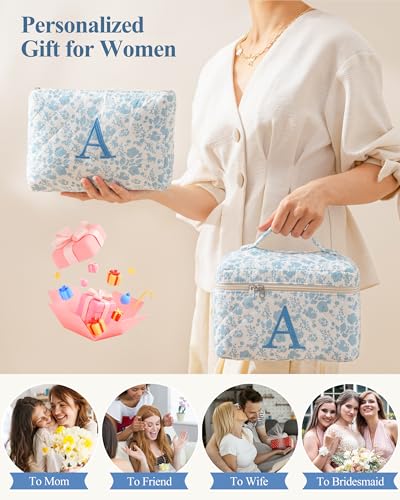 Personalized HBselect Blueflower Makeup Bag Set - 2Pcs Quilted Cosmetic Organizer