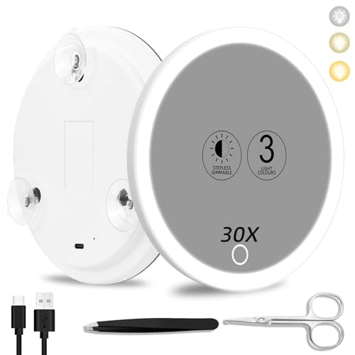 Suupvaor 30x White Magnifying Mirror with Light, Dimmable, Rechargeable, Travel Makeup Mirror with Tweezers & Scissors