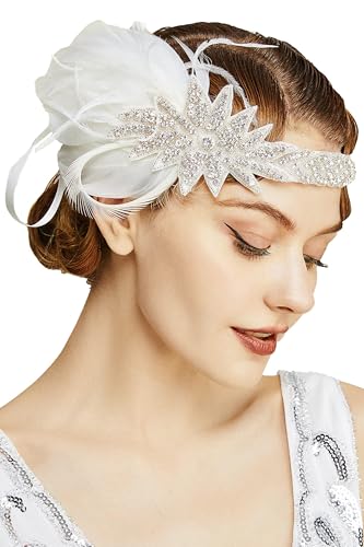 1920s Vintage White Flapper Headband with Feather & Crystals