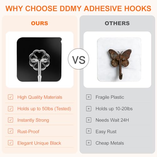 DDMY Heavy Duty Adhesive Hooks - 50lb Max, Waterproof & Reusable, 8 Pack
