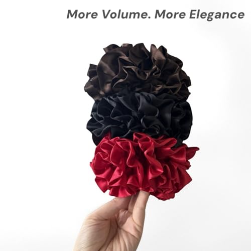3-Pack Satin Scrunchies for Women - Large Velvety Ruffle Hair Ties, Black Brown Red
